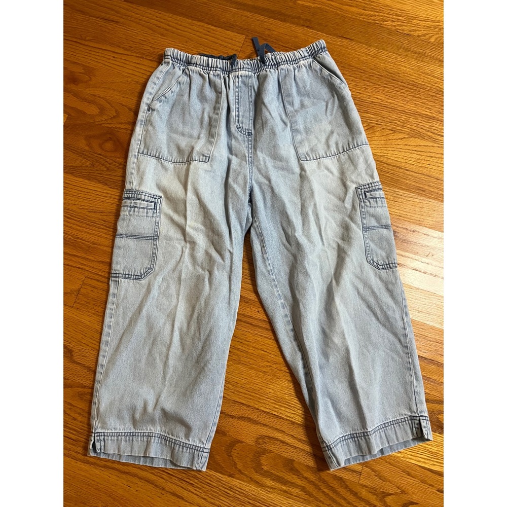Vtg Y2K Mountain Lake Light Wash Denim Cargo Pants Elastic Waist Cotton Small